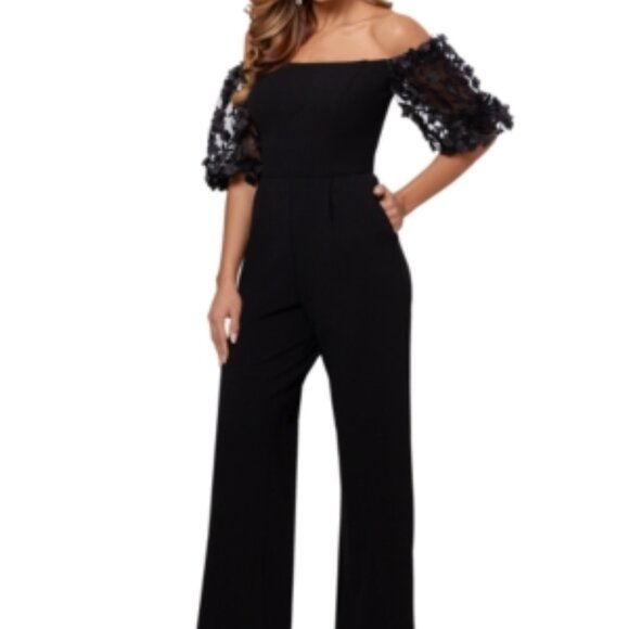 XSCAPE Floral-Sleeve Off-The-Shoulder Jumpsuit - Picture 1 of 1